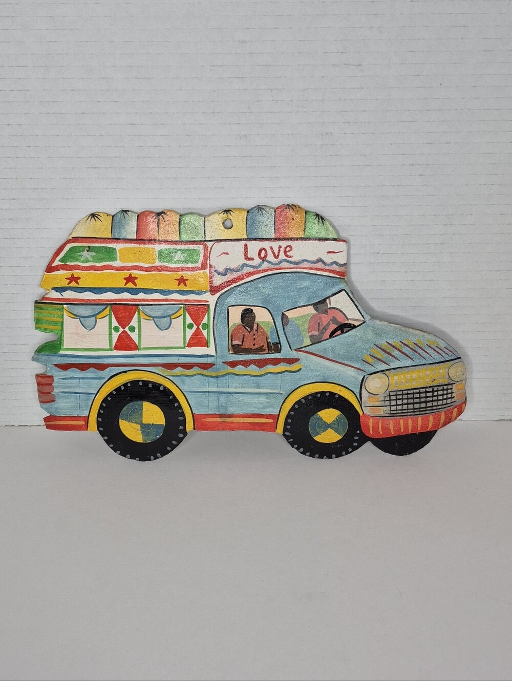 Vintage Haitian Folk Art Painted Metal Tap Tap Bus Wall Sculpture Handmade